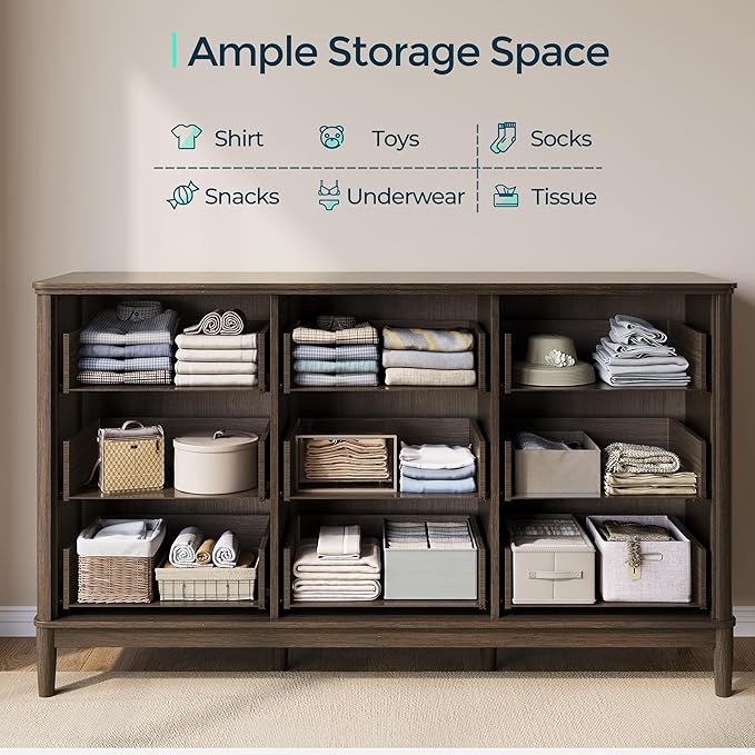 LINSY HOME Fluted Dresser for Bedroom with 9 Drawers, 58" Wide Chest of Drawers, Mid Century Modern Dresser TV Stand with Metal Handle, Wood Closet Storage Cabinet for Living Room, Hallway, Walnut