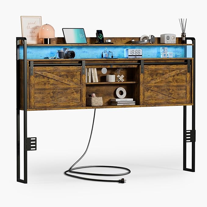 wanan Queen Size 3 Tier Storage Headboard with Outlets, USB Ports and LED Light, Sliding Barn Doors, Width Adjustable