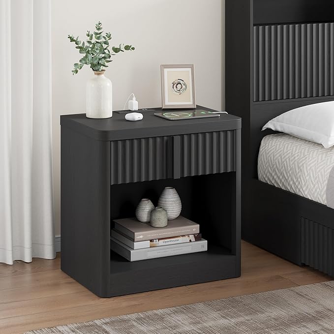 Fluted Nightstand with Charging Station, 23.6" Night Stand with Solid Wood Handle, End Table with Curved Profile Design, Mid Century Moden Bedside Table for Bedroom, Living Room, Black
