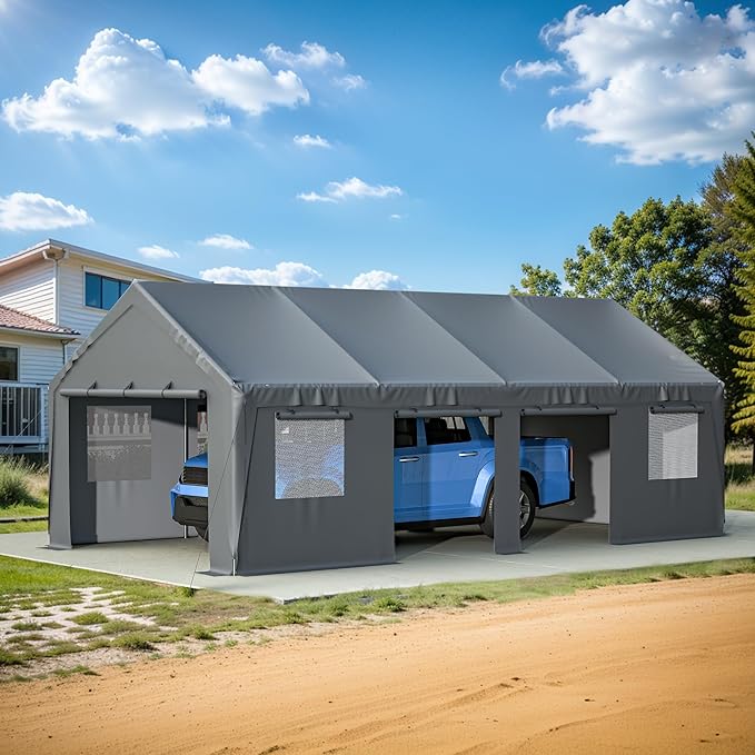 Carport 25x13ft Heavy Duty Canopy Storage Shed,Extra Large Portable Outdoor Garage with 4 Roll-up Doors & 4 Windows and All-Season Tarp Cover UV Resistant Waterproof for Car,Truck,Boat