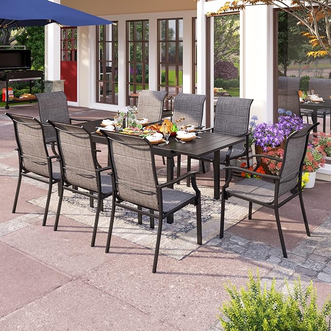 PHI VILLA 9 Piece Outdoor Dining Set for 8 Clearance, Patio Table and Chair Set with Expandable Metal Steel Table & Extra Large High Back Armrest Dining Chairs for Patio, Deck, Yard