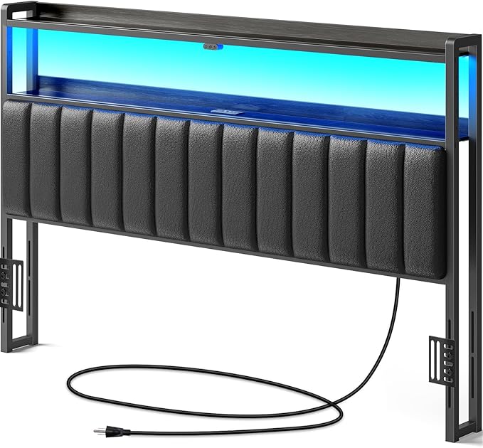 Rolanstar Headboard for King Size Bed with Storage, 60,000 DIY Color of LED Light, Head Board with USB & Type C Port, Height Adjustable, Black Upholstered Cabeceras de Cama Comfortable Modern, Leather