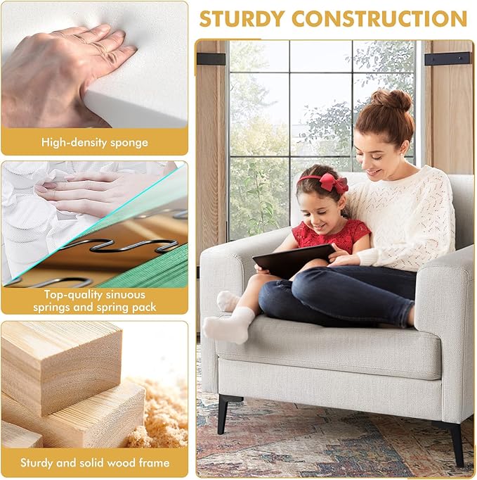 CDCASA Accent Chair, Linen Fabric Oversized Mid Century Modern Chair Set of 1, Comfy Upholstered Armchair Reading Accent Chairs Sofa Chairs for Bedroom Living Room, Beige