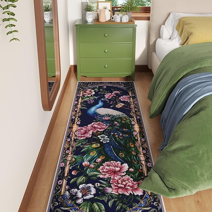 Runners for Kitchen Runner Rug 2'x10' Long Washable Rugs with Rubber Backing Soft Floral Peacock Animal Carpet Runner for Kitchen, Laundry, Bedroom, Bathroom (Cobalt Blue)