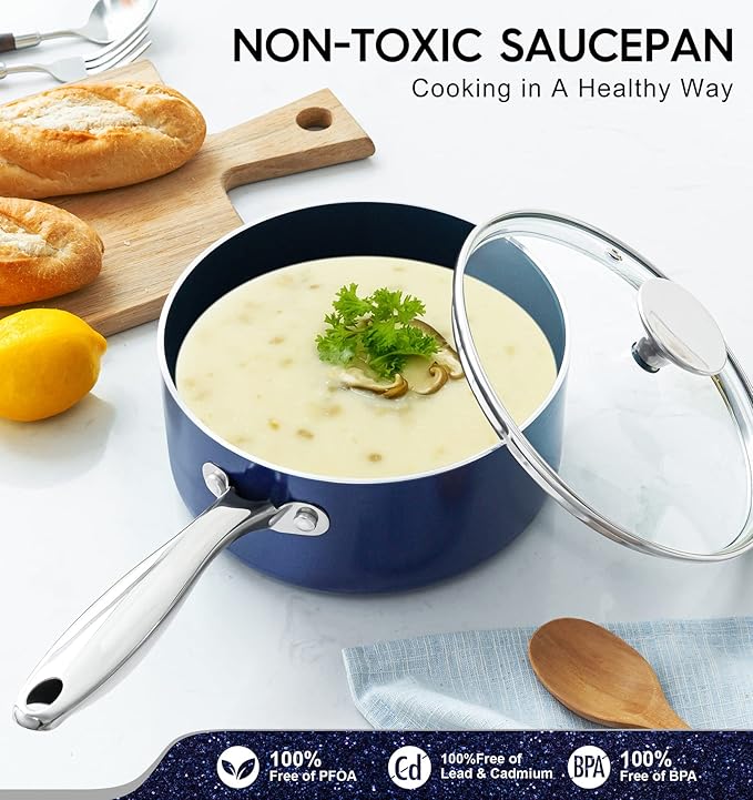 MICHELANGELO Sauce Pan with Lid, Ceramic Saucepan Set, 1.5Qt & 2Qt & 3Qt Sauce Pan Sets, Nonstick Saucepans with Lids, Small Pots with Stainless Steel Handle, Oven Safe, Blue