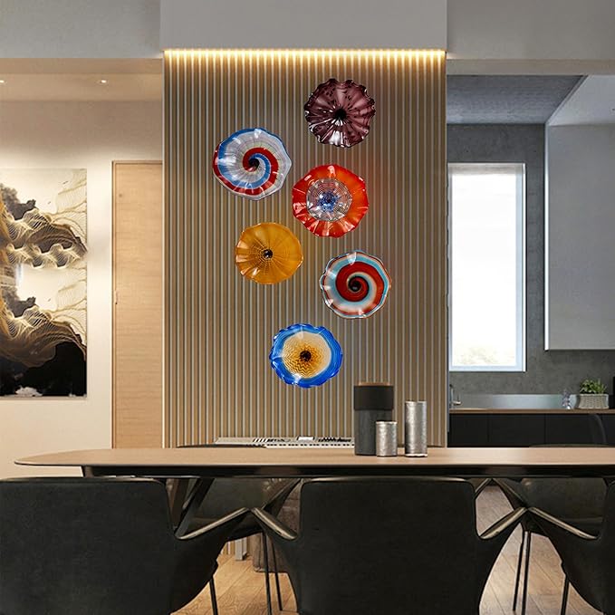 Hand Blown Glass Wall Plates Decor, Modern Unique Glass Wall Art, Murano Blown Glass Wall Art with Transparent and Easy to Clean for Staircase, Living Room, Kitchen, Hallway