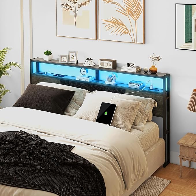 Headboard King Size, Headboards with Charging Station, USB Port and LED Light, Head Board with 2-Tier Storage Shelf, Adjustable Height, Easy Assembly, Sturdy and Stable, Black