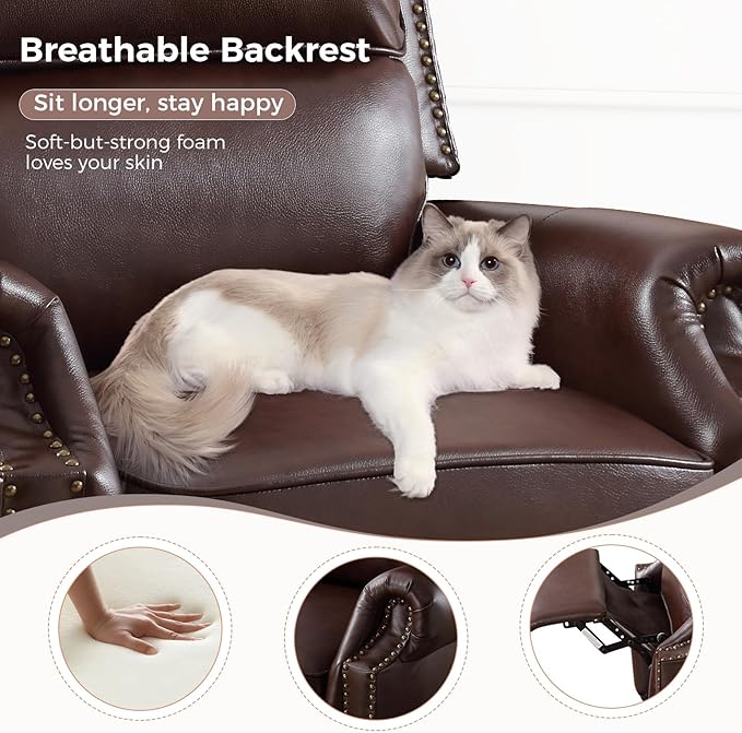 ANJ Push Back Recliner Chair, Textured Leather Overstuffed Wingback Recliner, Adjustable Pushback Chair with Padded Seat and Back, Single Reclining Sofa for Living Room, Bedroom(Dark Brown)