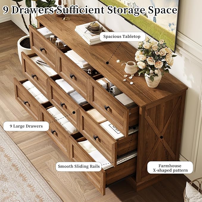 Farmhouse 9 Drawers Dresser Chests for Bedroom, 9 Drawers TV Stand, Long Wood Dressers Organizer for Closet, Modern Storage Organizer Cabinet for Bedroom, Hallway & Entryway, Natural Oak