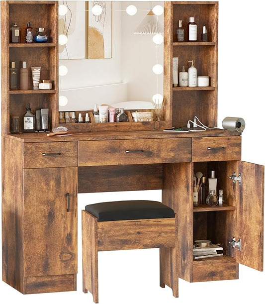 Makeup Vanity Table with Lighted Mirror & Outlets, Large Vanity Set Vanity Desk with Lots of Storage, 3 Lighting Modes, Brightness Adjustable, 45inch