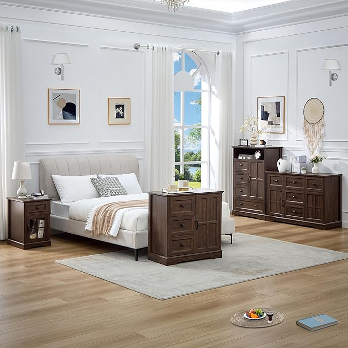 4+1 Cherry Dresser for Bedroom, Chest of Drawers for Bedroom with Wooden Drawers and Cross Door, Wood Dressers Storage TV Stand for Bedroom, Living Room