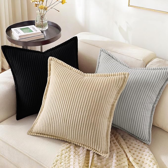 decorUhome Corduroy Black Throw Pillow Covers 16x16 Set of 2 Decorative Soft Boho Striped Neutral Euro Farmhouse Couch Pillow Covers with Broadside for Living Room Bed Sofa