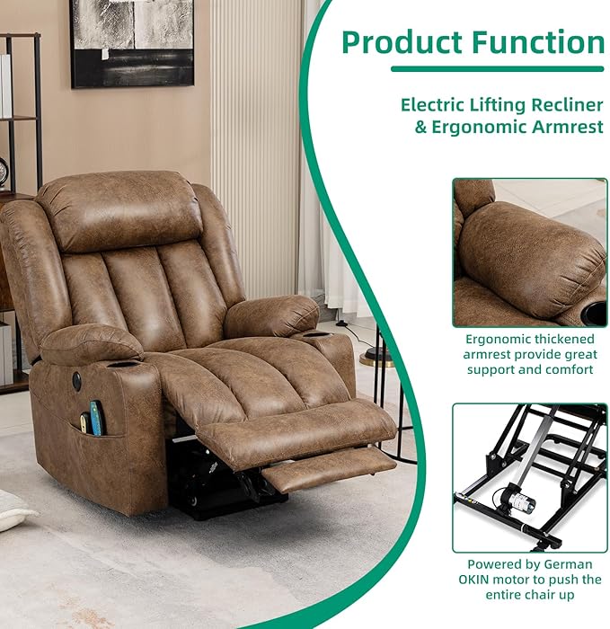 VIVIJASON Tall Man Large Power Lift Recliner Chair with Massage and Heat for Elderly, Overstuffed Wide Electric Lift Recliner with Extended Footrest, 2 Cup Holder, Side Pockets & USB Ports (Brown)