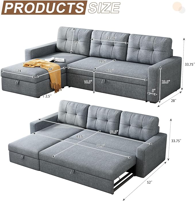 Upholstered Sleeper Sofa, L Shaped Sectional Couch with Reversible Storage, Convertible Corner Lounge Couches w/Pull Out Sofabed for Living Room, Apartment,Light Grey