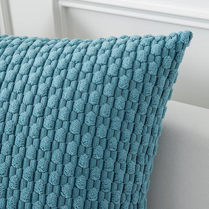 Kevin Textile Throw Pillow Covers Soft Corduroy Decorative Set of 2 Boho Striped Pillow Covers Pillowcases Farmhouse Home Decor for Couch Bed Sofa Living Room 12x20 Inch Light Blue