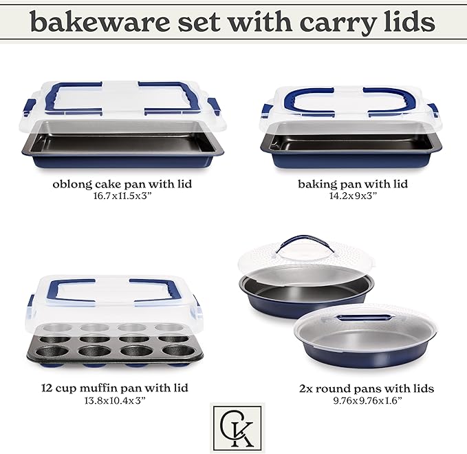 Country Kitchen Baking Pans Set - 10 Piece Non-Stick Cake Pans with Carry Lids for Easy Storage & Travel, Perfect for Parties - Stackable, Navy