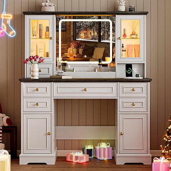 Vanity Desk with Lights, Large LED Mirror with 3 Color Modes, Makeup Vanity with Power Outlet & USB Ports, 6 Drawers & 2 RGB Glass Cabinets, Farmhouse Dressing Table for Women & Girls (White)