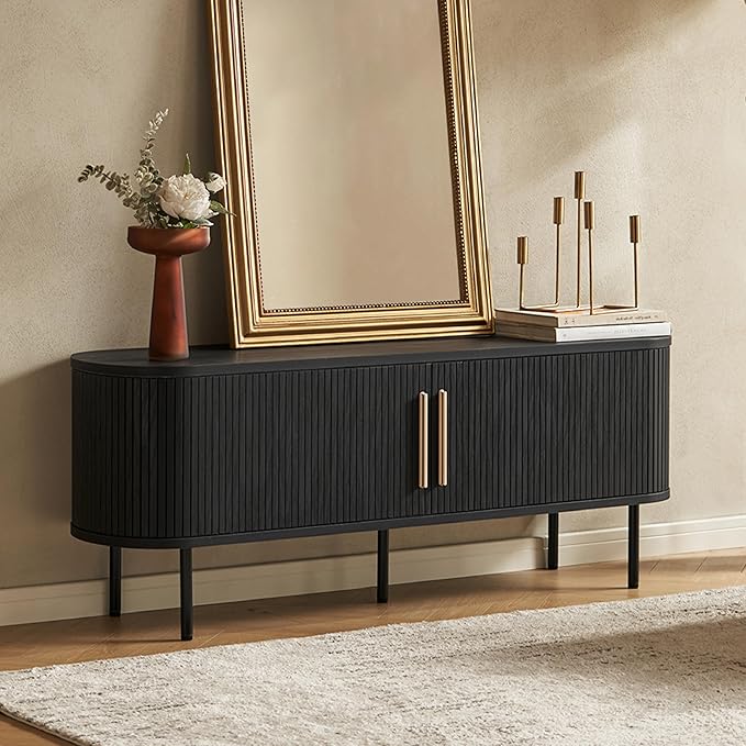 mopio Quin TV Stand, Mid Century Modern for 55/60/65 inch TV, Farmhouse TV Stand, Entertainment Center with Storage, TV and Media Console for Living Room (Black, 59" Tambour)