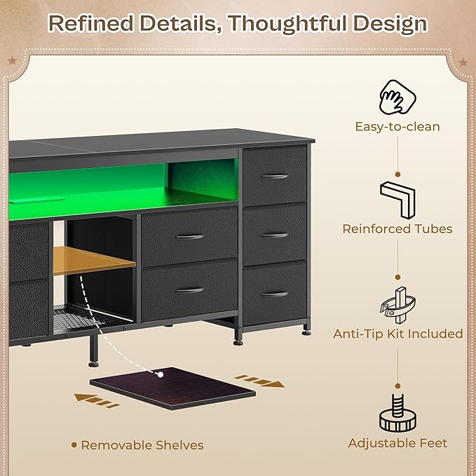 Huuger 62 Inch LED TV Stand Dresser with Power Outlets, USB-C Port and LED Lights, 10 Fabric Drawer Dresser for Bedroom, Long Entertainment Center for 65, 70 Inch TV, Open Shelves, PU Leather, Black