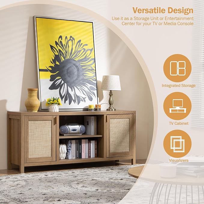 SICOTAS TV Stand for Living Room : Rattan TV Console Cabinet with Storage and Shelf, Boho Entertainment Center, 59" Media Console for 55, 65 Inch TV, 26" Tall Television Stands, Oak