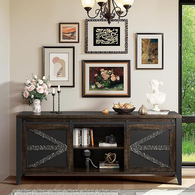 VFK 70 Inch TV Stand for TVs up to 70", Rustic Farmhouse Media Console with Sliding Barn Doors, 6 Drawers, Entertainment Center for Living Room