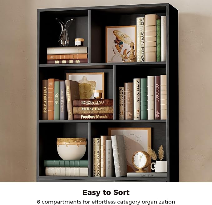 IRONCK Bookshelf with Drawers, 70.9 inch Tall Bookcase with Doors, Bookshelves and Bookcases with Storage, Bookshelf with 6 Open Cubes for Home Office, Living Room, Study, Black