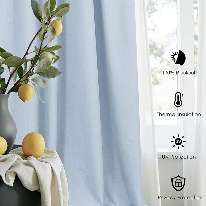 Light Blue Blackout Curtains 90 Inches Long for Bedroom 2 Panel Set Thermal Insulating Room Darkening Draperies for Living Room Black Out Linen Drapes Winter Cold Blocking Grand Millenial 52x90 Length
