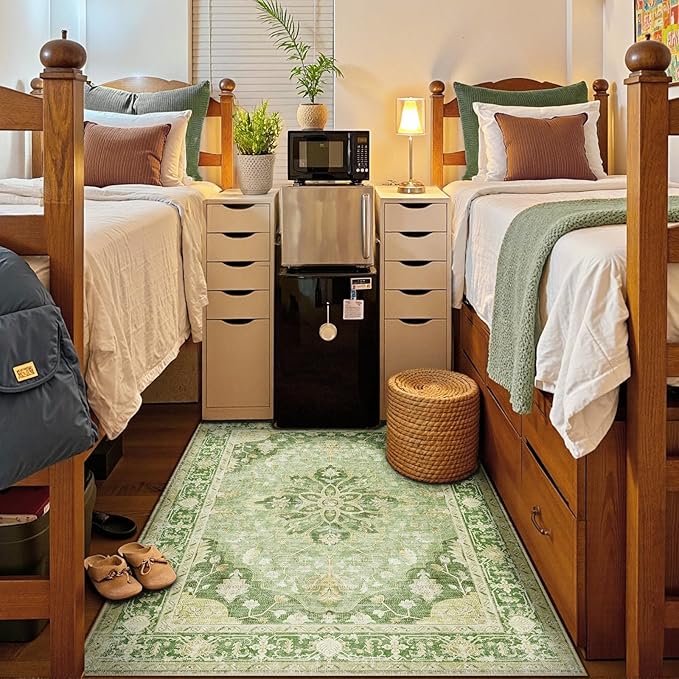 Area Rugs 6'x9' Washable Non-Slip, Floral Vintage Distress Print Pattern Medallion Carpet for Living Room Bedroom Dining Room, Sage Green Yellow