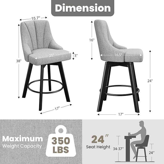 Swivel Bar Stools with Backs, 24" Counter Height Bar Stools Set of 8, Fabric Upholstered Counter Barstools with Solid Wood Legs for Kitchen Island, Home Bar, Light Gray