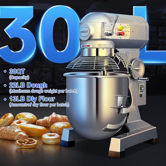 30Qt Commercial Food Mixer with Timing Function,1250W Commercial mixer 3-Speed Adjustable Heavy Duty, Electric Stand Food Mixer with Stainless Steel Bowl for Bakery Pizzeria. (Standard)