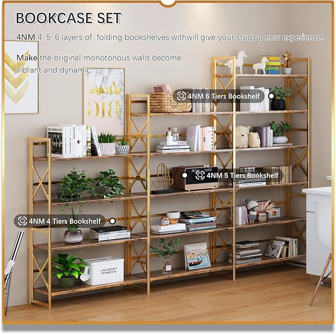 4NM Extra Wide 6 Tiers No Assembly Book Shelves, 61.8" H Folding Bookshelf Bookcase Open Industrial Foldable Shelves for Bedroom, Living Room, Home Office - Rustic Brown Gold