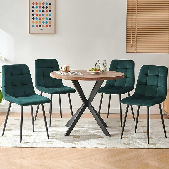 37" Round Table Set for 4 Person, Modern Kitchen Table Set, Imitation Wood Dining Table with Space Saving Dining Chairs, Dark Green Velvet Side Chairs