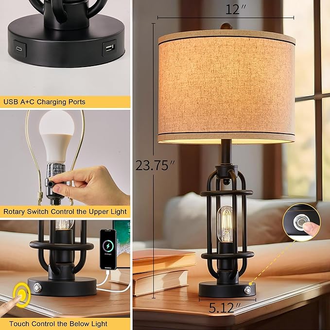 23.75'' Industrial Black Metal Table Lamps Living Room Lamp for Nightstand Bedroom lamps Set of 2 Bedside End Side Table Lamps Home Decor Touch Lamp Modern Lamps With USB Port, Bulbs Included