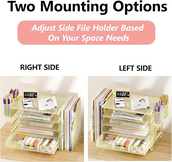 Desk Organizers and Accessories with File Holder, 5-Tier Office Desk Accessories & Workspace Desktop Organizer with Drawer and 2 Pen Holder, File Paper Organizer for Office Supplies(Gold)