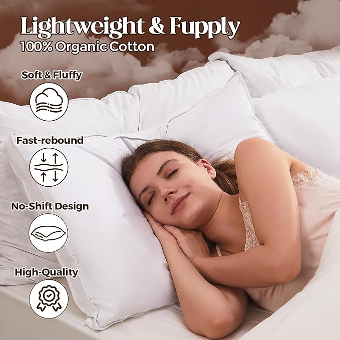 Goose Feathers and Down Pillows, Pillows Queen Size Set of 2, Cotton Cover,Gusseted Hotel Collection Bed Pillow for Back, Stomach or Side Sleepers