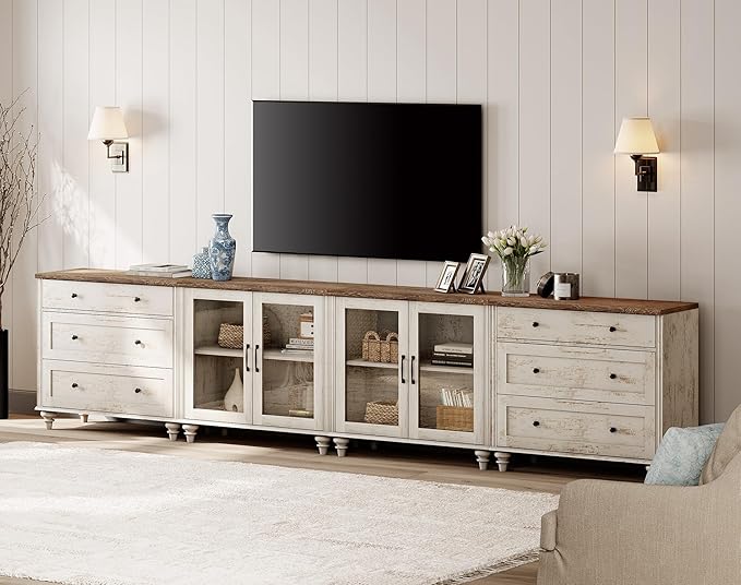 WAMPAT Modern TV Stand for TVs up to 110 inch, 4 in 1 Entertainment Center with Storage Cabinets and 4 Glass Door, Media Console with 6 Drawer Dresser for Living Room, Rustic White
