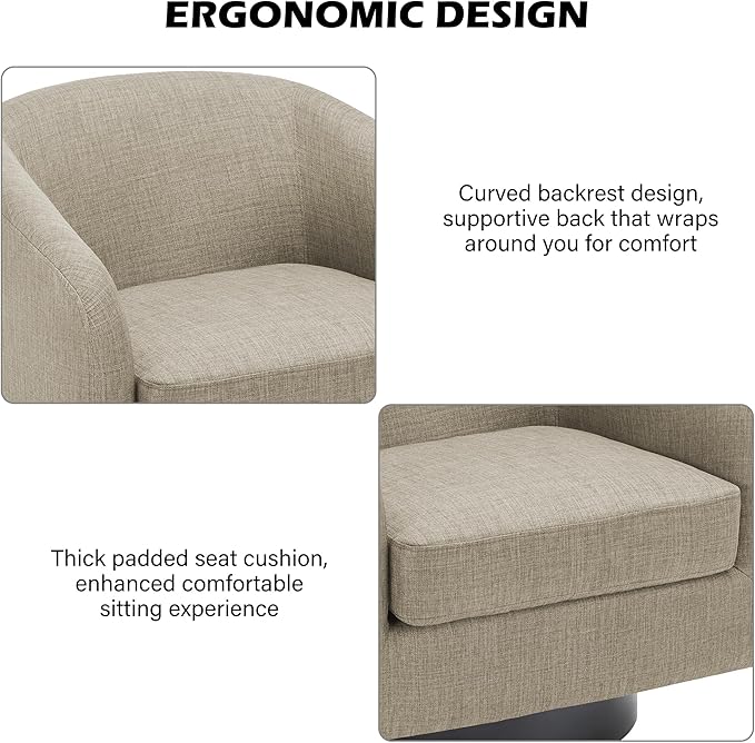 Swivel Barrel Accent Chair, Modern Round Linen Arm Chair for Living Room, Bedroom, Comfy Club Reading Chairs for Adults, Linen Fabric, Light Brown, Set of 2