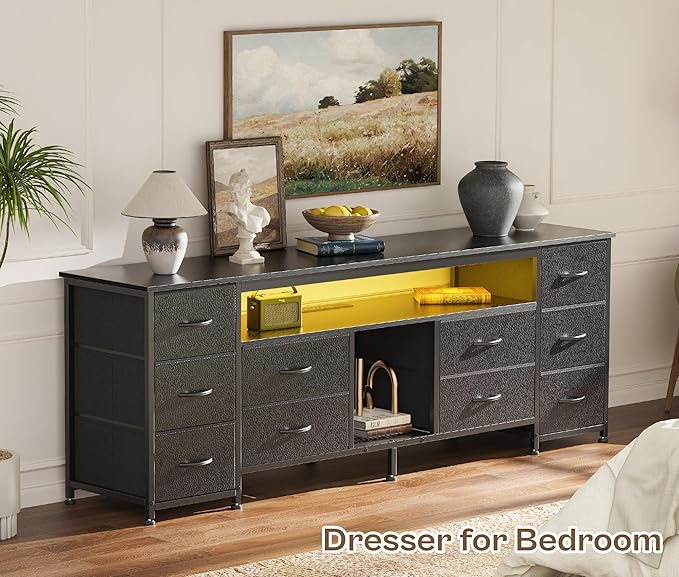 Huuger 62 Inch LED TV Stand Dresser with Power Outlets, USB-C Port and LED Lights, 10 Fabric Drawer Dresser for Bedroom, Long Entertainment Center for 65, 70 Inch TV, Open Shelves, PU Leather, Black