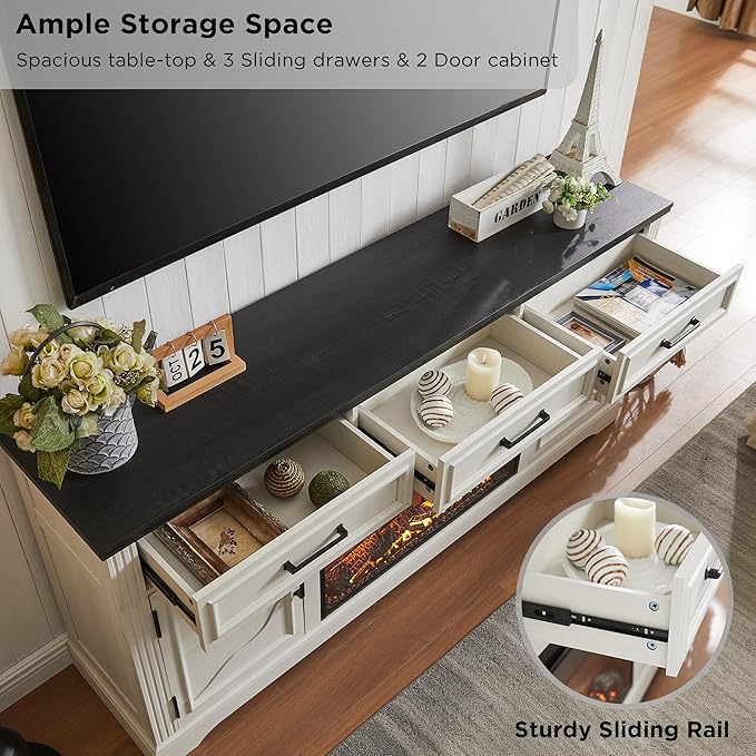 JXQTLINGMU Farmhouse Fireplace TV Stand for Up to 80 Inch TV, Entertainment Center with 30" Electric Fireplace for 65 75 Inch TV, 70" TV Stand with Storage Cabinet Drawer for Living Room (Off White)