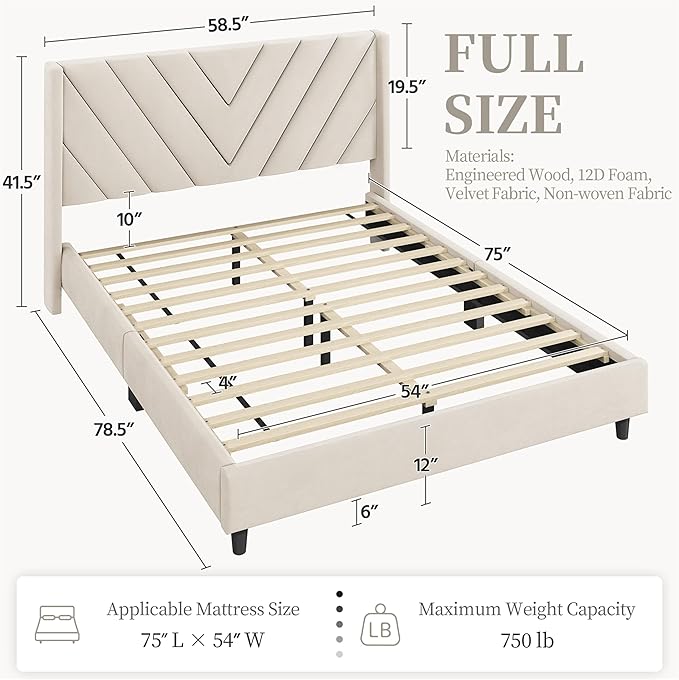 Yaheetech Full Bed Frame Upholstered Platform Bed with Wing Side Tufted Headboard/Sturdy Wooden Slat Support/No Box Spring Needed/Mattress Foundation,Beige Full Bed