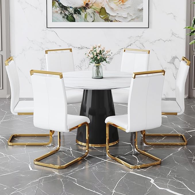 45 Inch Round Dining Table Set for 6, 7 Piece Kitchen Table and Chairs Set, White Faux Marble Table Top, Small Space Dining Set for Apartment or Dining Room