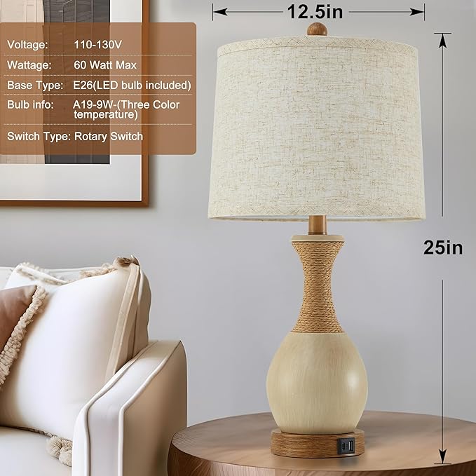 Table Lamp for Bedroom Set of 2 - Bedside Table Lamps with 3 Color Temperatures - Boho Rattan Lamps for Nightstand with USB A+C Charging Ports Farmhouse Living Room Lamp Bulb Included