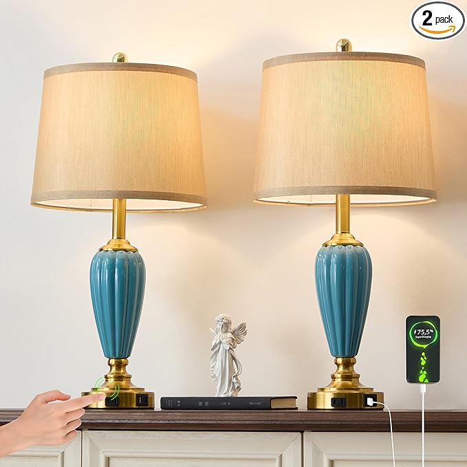 Living Room Lamps Set of 2, 25.5" Touch Lamps for Nightstand with USB A+C Ports, Modern Farmhouse Table Lamp for Bedroom, 2 Bulbs Included