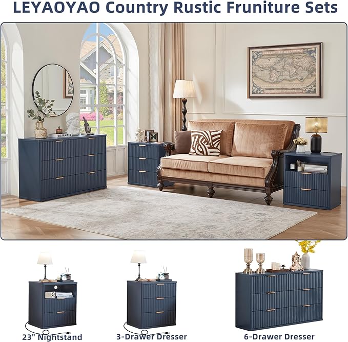LEYAOYAO Fluted Farmhouse Nightstand Set of 2 with Charging Station, 23" Wide 2 & 3 Drawers Large End Table with Metal Handle, Navy Blue Night Stand Bedside Table, Wood Dresser for Bedroom,Closet