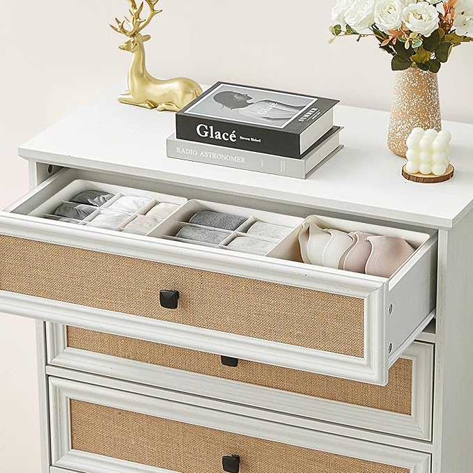 4 Drawer Dresser for Bedroom, Mid Century Modern Wide Wood Rustic Chest of Drawers Wooden Storage Organizer Dressers with Burlap Rattan Drawers for Living Room, Hallway Closet, Entryway, Beige White