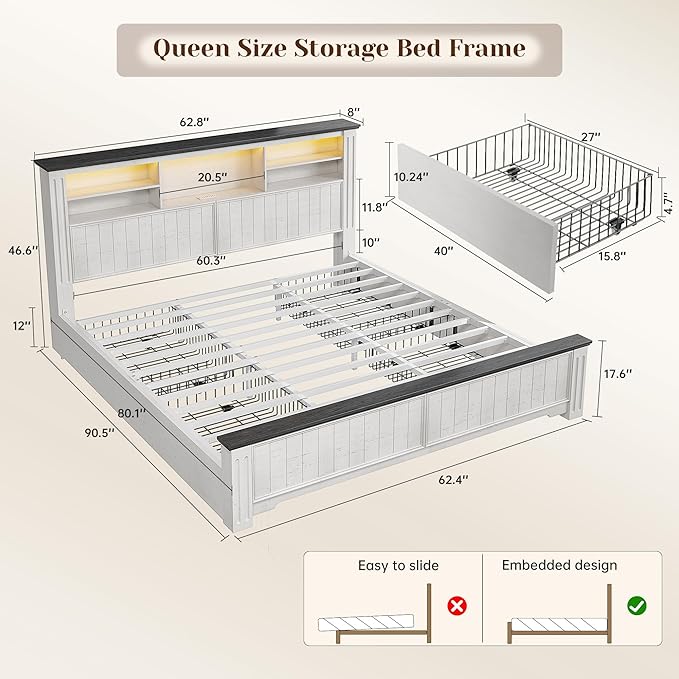 EnHomee Queen Bed Frame with Headboard and Storage, 4 Drawers and LED Built in Charging Station Bed Frame Queen Size with Storage Farmhouse, NO Noise,No Box Spring Needed, White