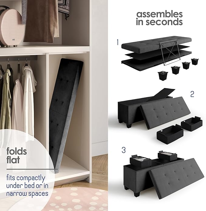 STORAGEBUD Storage Ottoman Bench with Bins, 43-in Storage Bench for Bedroom End of Bed, Folding Foot Rest Ottoman for Living Room Max 660lbs, Velvet Ottomans, Grey