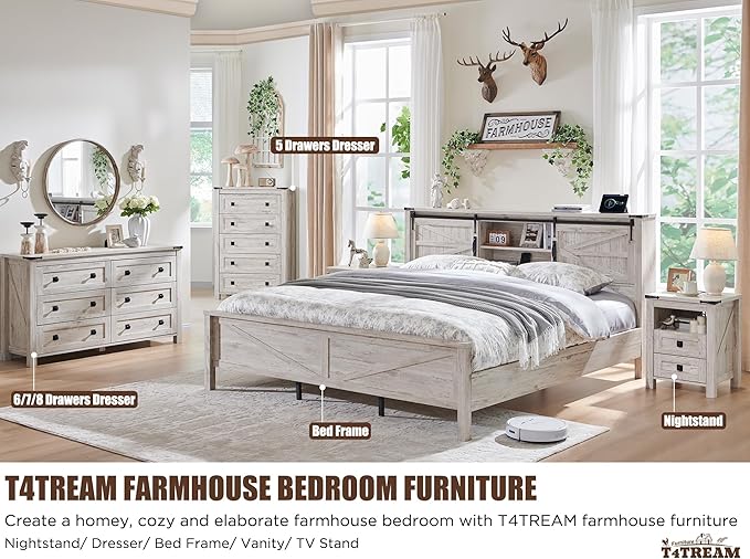 T4TREAM Farmhouse 7 Drawers Dresser for Bedroom, Wood Rustic Dresser Tv Stand, Storage Dressers Organizer for Bedroom, Living Room,Hallway, Antique Brush White