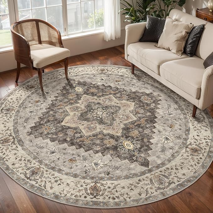 Tangsoo Vintage Round Rug 5ft, Washable Circle Rug, Non Slip Boho Round Area Rug, Low Pile Circular Rugs, Round Carpet for Bedroom,Livingroom,Nursery,Dorm,Office,Brown/Grey