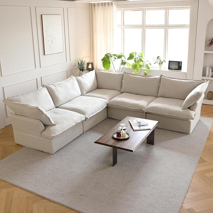 JACH V-Shaped Beige Cloud Couches, Convertible Modular Sofas, Minimalist Deep Seat Sofa, Down Fill Sectional, Couch Sofa Furniture for Living Room, Office, Apartment